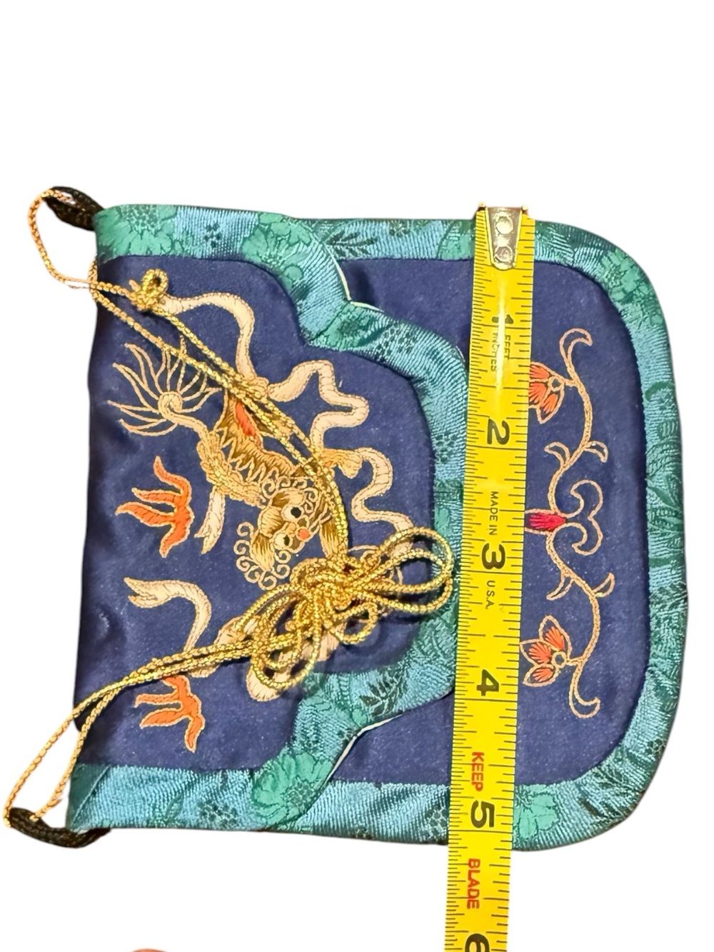 Vintage Chinese Silk Embroidered Dragon Pouch Purse Blue Brocade Bag - Picture 7 of 7